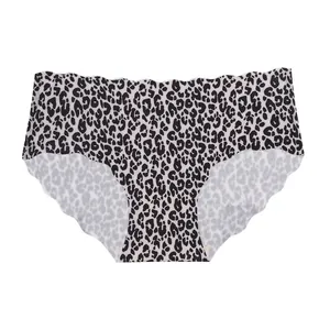 Women seamless mid waist ice silk briefs leopard print underwear cute scalloped panties