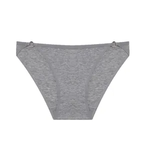 Graue gerippte Baumwoll Bikini Unterhosen für Damen mit zwei schicken Metallringen