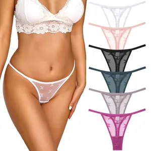 Women Sexy Lace Thong Breathable Seamless Hollow Out T-Back Panties Low Rise Strappy Mesh Underwear Butterfly Embroidered G-String