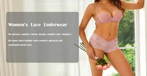 Close-up detail of elegant women's soft pink lace panties with floral patterns