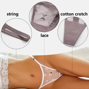 Seamless sexy lace thong for women with cotton crotch and butterfly embroidery detail