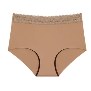Women's high waist seamless ice silk panties with delicate lace trim, comfortable breathable main