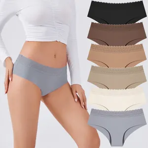 Women Seamless Lace Trim Bikini Briefs Comfortable Breathable Mid Waist Nylon Panties Solid Color Lingerie Everyday Wear