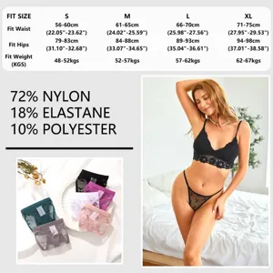 Lace thong underwear size chart and fabric composition guide with model display