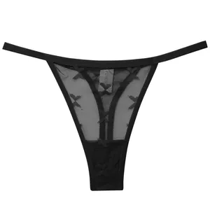 Sexy black lace thong for women featuring intricate butterfly embroidery and mesh fabric.
