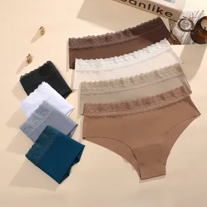 Detailed view of seamless bikini panties with elegant floral lace waistband in various colors