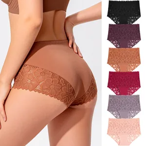 Women's High Waist Lace Cotton Patchwork Panties Breathable Comfortable Sensual Floral Lace Trim Briefs Underwear