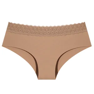 Seamless women's bikini panties with elegant lace waistband in nude brown color