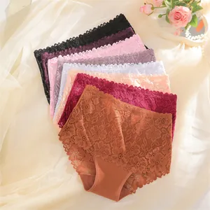 High-waist lace cotton panties for women in multiple colors shown on silk background