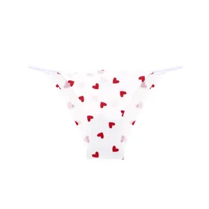 Women's white ice silk seamless briefs with red heart pattern and low-waist design