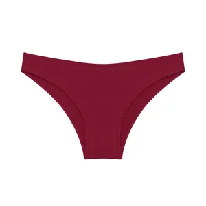 Close-up detail of burgundy solid cotton bikini panties featuring a comfort V-waist.