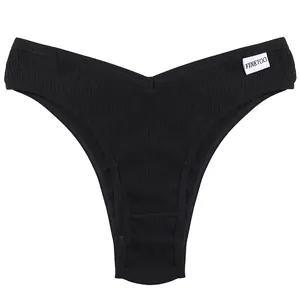 Damen gerippte V-Taille Baumwoll Slip bequeme schwarze Unterwäsche Detailansicht elastisch.