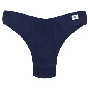 Detailansicht des dunkelblauen gerippten Damen Slips mit V-Taille und weicher Textur.