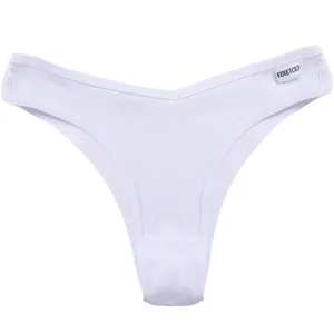 Weißer gerippter Baumwoll-V-Tanga Detail, bequeme Damen-Unterwäsche mit Marken-Etikett