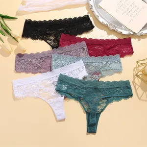 Women sexy lace thongs mid-waist semi-transparent panties multi-color underwear set detail