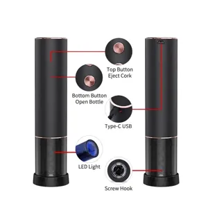 Professional rechargeable electric wine opener with LED light and matte black metal body