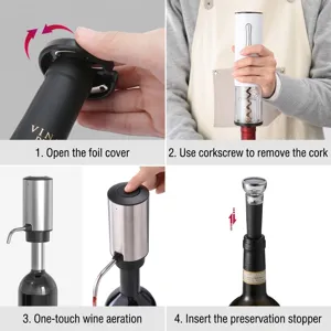 Kit ouvre-bouteille électrique montrant la découpe, l'aération et le scellage sous vide