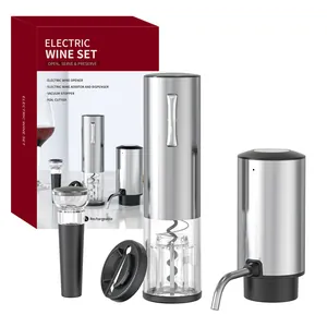 Professionele 4-in-1 elektrische wijnopenerset met beluchter en vacuümstop in zilverkleur