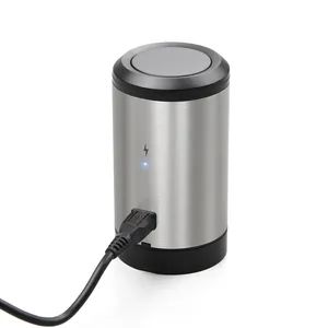 Electric vacuum wine stopper with stainless steel finish and USB charging cable