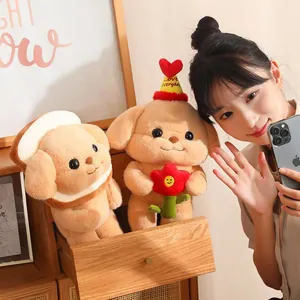 Adorably soft butter poodle plush toys featuring toast slice and festive heart hat designs