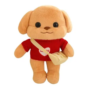 Cute butter poodle plush toy wearing a red heart sweater and beige messenger bag