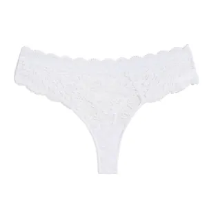 White lace thong detail shot, semi-transparent floral pattern, comfortable mid-waist design.