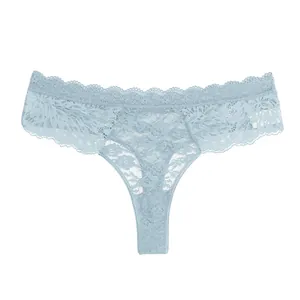Women sexy lace thong light blue translucent mid-waist briefs comfortable underwear