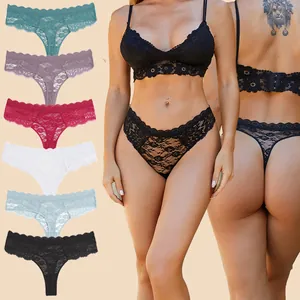 Women Sexy Lace Thong Translucent Mid Waist Panties Floral Pattern Soft Comfortable Underwear Female Lingerie