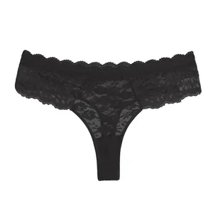 Sexy black lace thong for women, mid-rise semi-transparent floral underwear main view.