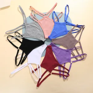 Bovenaanzicht van meerdere kleuren geribbelde naadloze sexy dames thongs met riemen