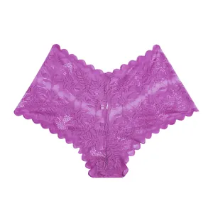 Sexy purple floral lace panties for women with scalloped edges and semi-transparent design