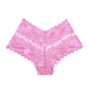 Close-up of pink translucent lace panties with scalloped edges.