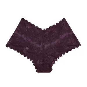 Close-up detail showing the intricate floral lace pattern of these purple panties