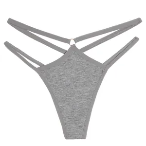 Sexy grijze geribbelde naadloze string voor dames met dubbele strappy taillebanden