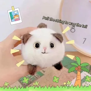 Lindo gato de peluche blanco y marrón con cola que se mueve al tirar