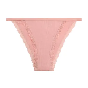 Detailed view of low waist pink ribbed cotton panties with delicate lace trim for women