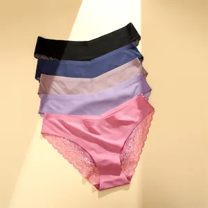 Detailed view of seamless lace trim panties in a set of five vibrant colors
