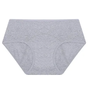 Detailed fabric texture of grey leakproof menstrual underwear.