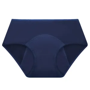 Close-up detail of navy blue four-layer leak-proof menstrual panties for women.