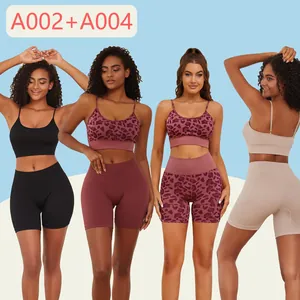 Women high waist yoga set with ribbed sports bra and shorts