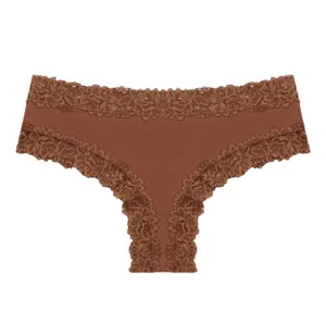 Comfortable women's cotton bikini panties with elegant floral lace trim in coffee brown