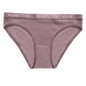 Close-up of mauve ribbed cotton bikini briefs featuring FINETOO elastic waistband