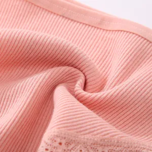 Close-up detail of pink ribbed fabric and lace trim on women's panties