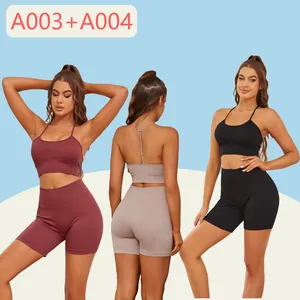 Macro view of women's ribbed yoga set showing front and back in three different colors.
