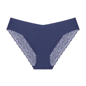 High-quality seamless navy blue women's panties featuring delicate floral lace trim edges