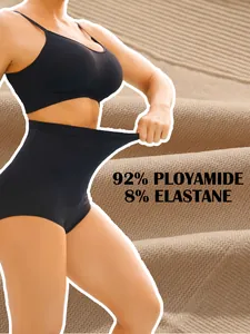 Close-up of high-waist tummy control panties showing 92% polyamide elastic fabric.