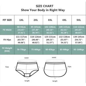 Tableau des tailles pour culottes en coton grande taille femme 1XL-5XL hanches