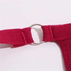 Close-up detail van een rode katoenen bikini slip voor dames met een zilveren ring.
