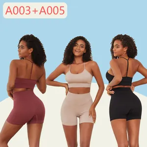 Front and back views of ribbed yoga sets with sports bras and high waist butt lift shorts