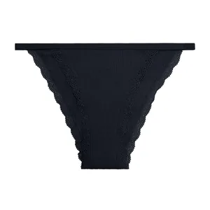 Elegant dark navy ribbed cotton panties for women with delicate lace trim detail on front.